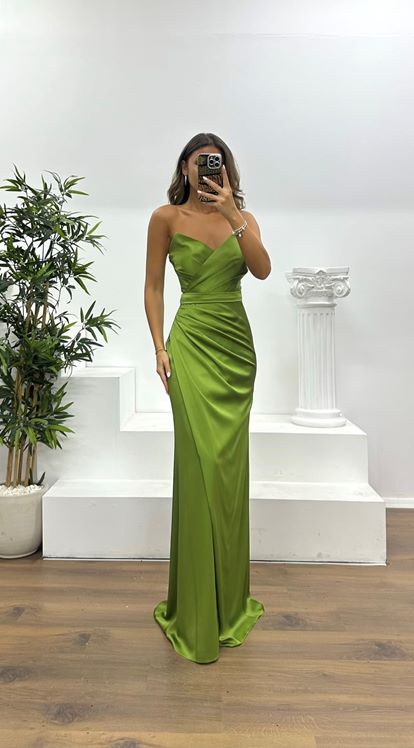 Khaki Strapless Draped Evening Dress