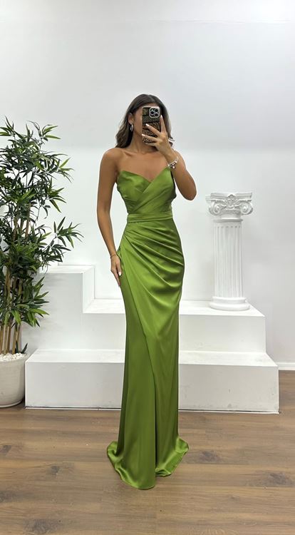 Khaki Strapless Draped Evening Dress