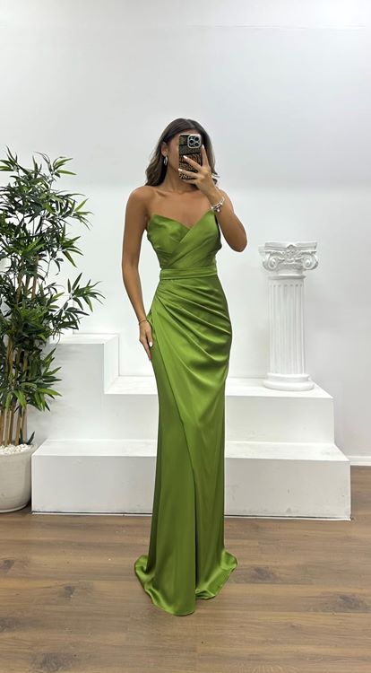 Khaki Strapless Draped Evening Dress
