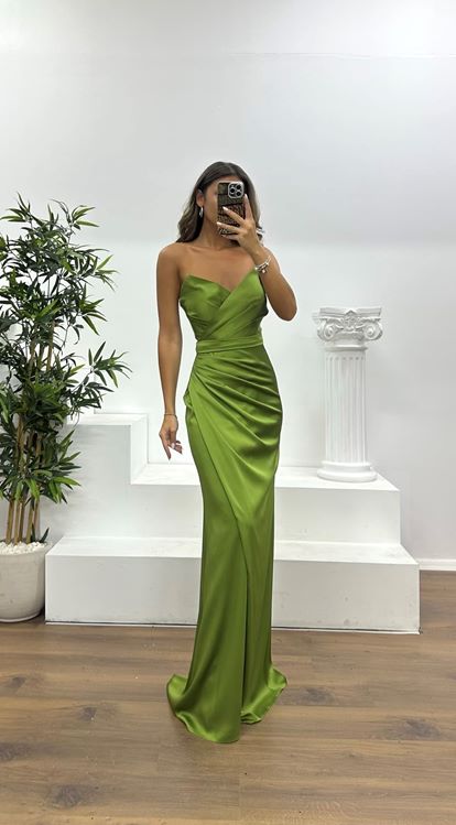 Khaki Strapless Draped Evening Dress
