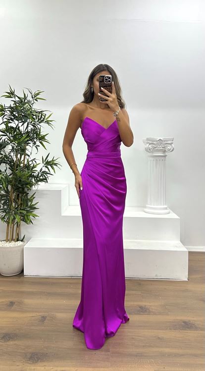 Fuchsia Strapless Draped Evening Dress