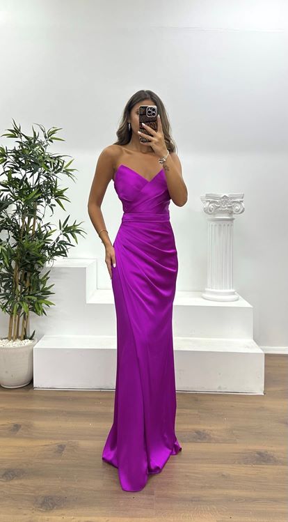 Fuchsia Strapless Draped Evening Dress