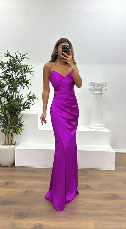 Fuchsia Strapless Draped Evening Dress