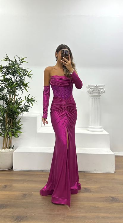 Fuşya Straplez Elbivenli Abiye Elbise