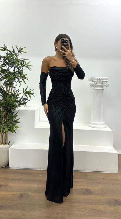 Siyah Straplez Elbivenli Abiye Elbise