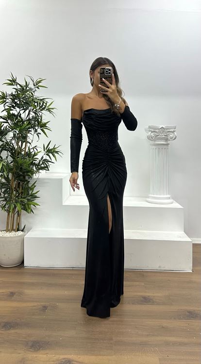 Siyah Straplez Elbivenli Abiye Elbise