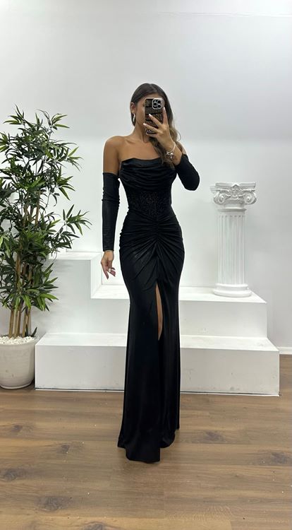 Siyah Straplez Elbivenli Abiye Elbise