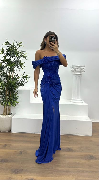 Saks Kayık Yaka Abiye Elbise