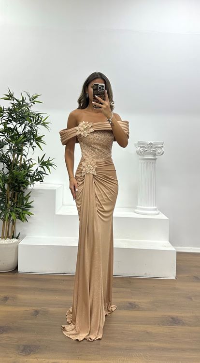 Gold Kayık Yaka Abiye Elbise