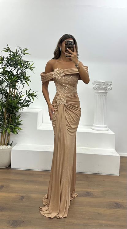 Gold Kayık Yaka Abiye Elbise