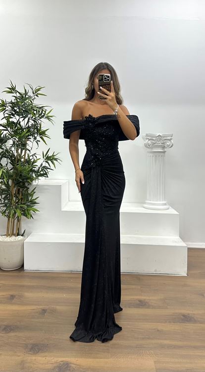 Siyah Kayık Yaka Abiye Elbise