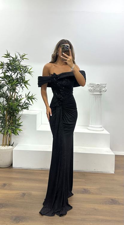 Siyah Kayık Yaka Abiye Elbise