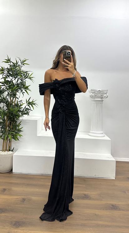 Siyah Kayık Yaka Abiye Elbise