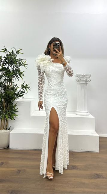 Bone Square Neck Sequined Evening Dress