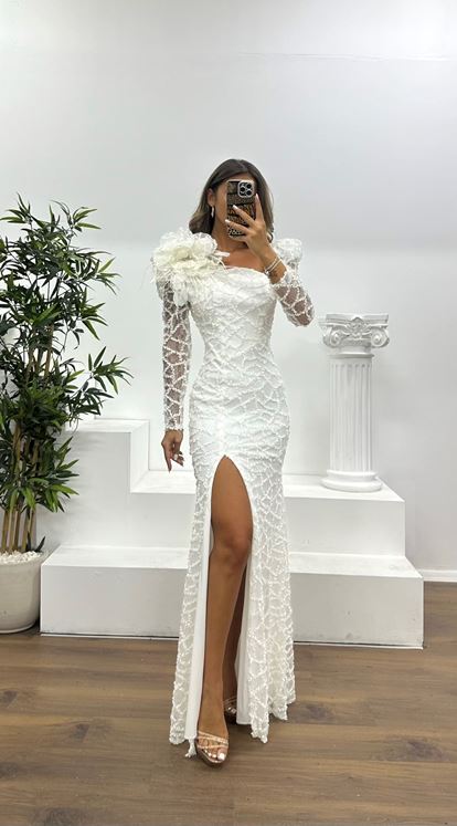 Kemik Kare Yaka Pullu Abiye Elbise