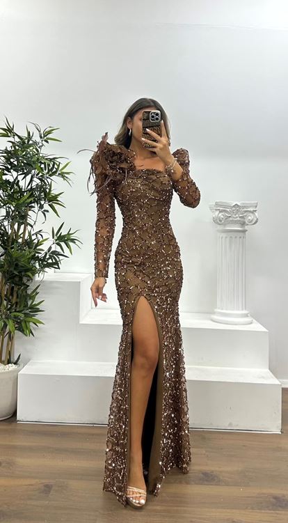 Kahve Kare Yaka Pullu Abiye Elbise