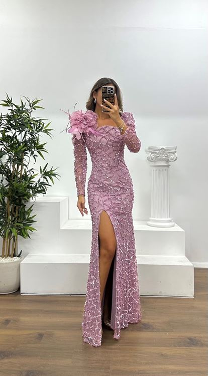 Pudra Kare Yaka Pullu Abiye Elbise