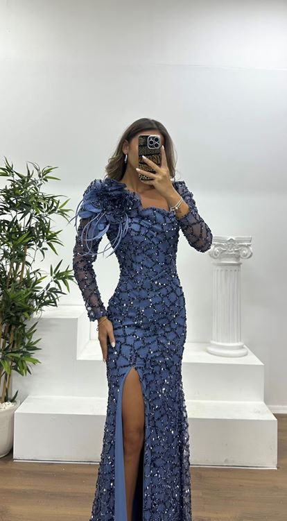 İndigo Kare Yaka Pullu Abiye Elbise