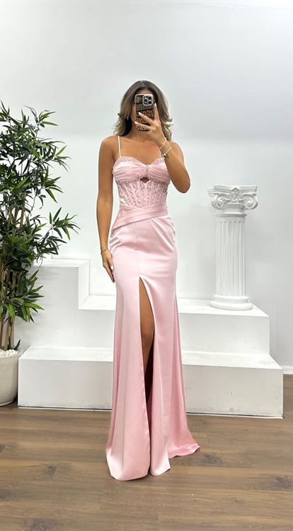 Pudra İp Askılı Boncuk Detay Abiye Elbise