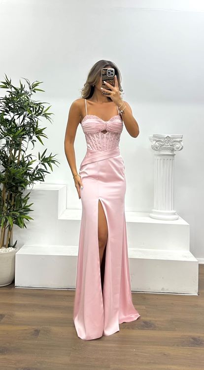 Pudra İp Askılı Boncuk Detay Abiye Elbise