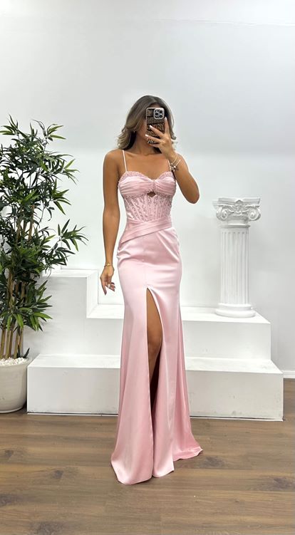 Pudra İp Askılı Boncuk Detay Abiye Elbise