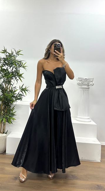 Siyah Straplez Midi Saten Abiye Elbise