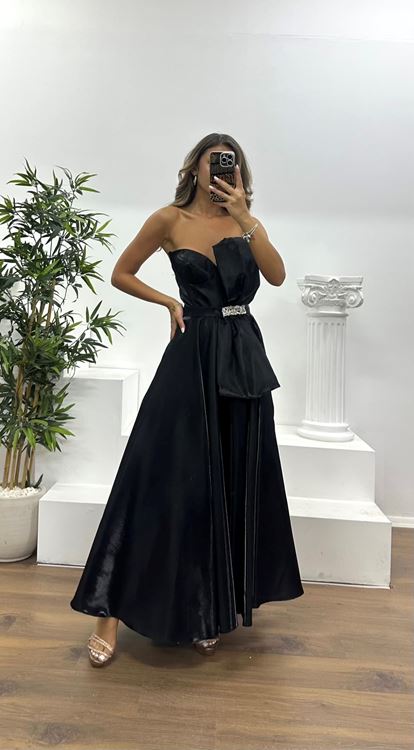 Siyah Straplez Midi Saten Abiye Elbise