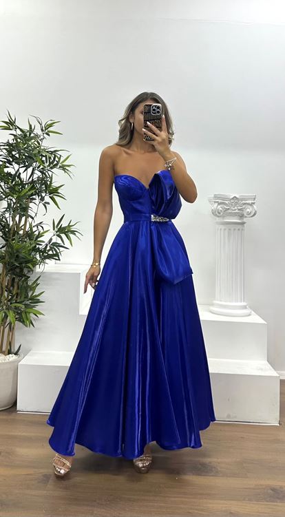 Saks Straplez Midi Saten Abiye Elbise