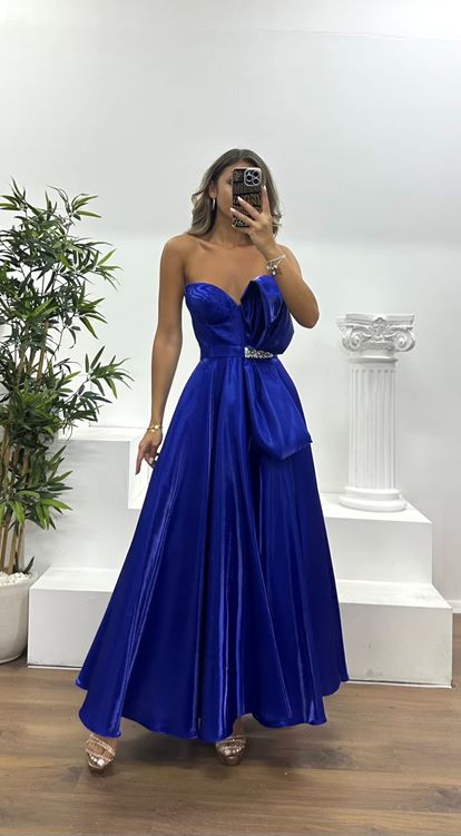 Saks Straplez Midi Saten Abiye Elbise