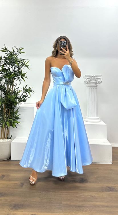 Bebe Mavisi Straplez Midi Saten Abiye Elbise