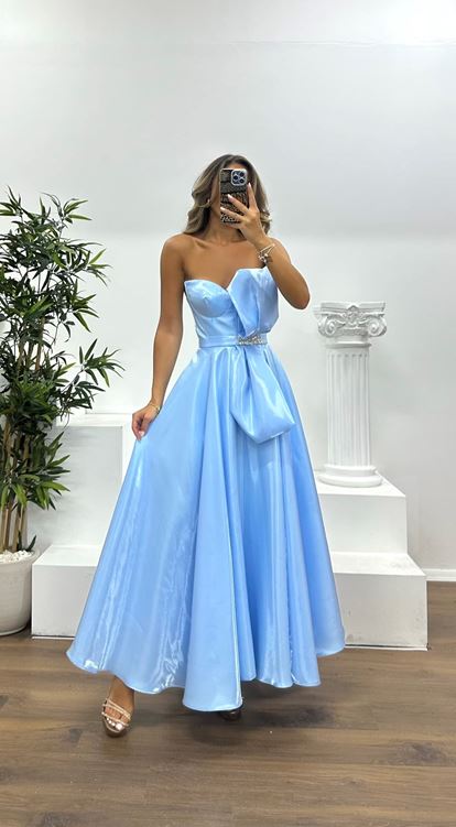 Bebe Mavisi Straplez Midi Saten Abiye Elbise