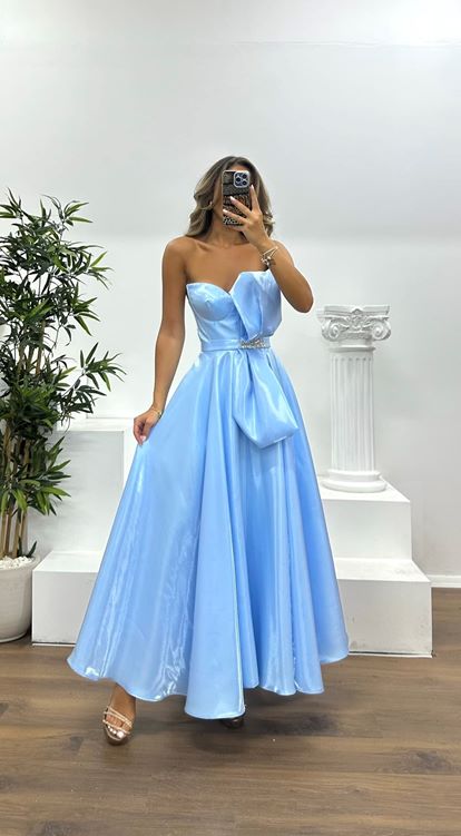 Bebe Mavisi Straplez Midi Saten Abiye Elbise
