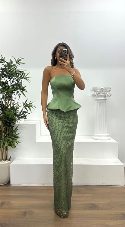 Khaki Strapless Evening Dress