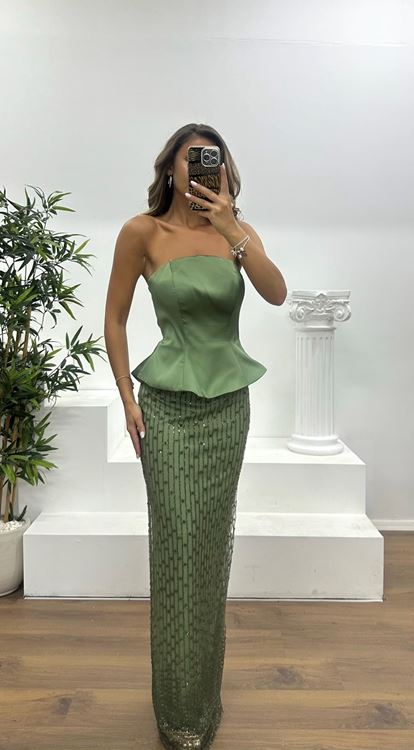 Khaki Strapless Evening Dress