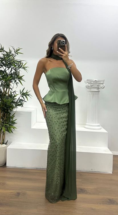 Khaki Strapless Evening Dress