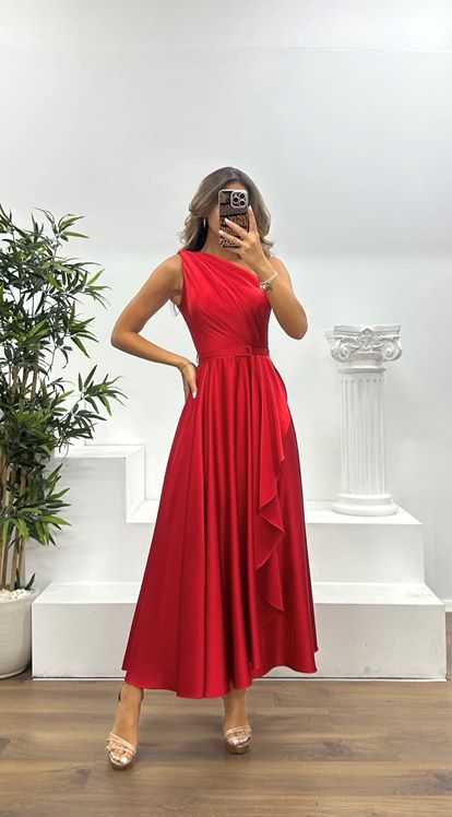 Kırmızı Tek Omuz Midi Abiye Elbise