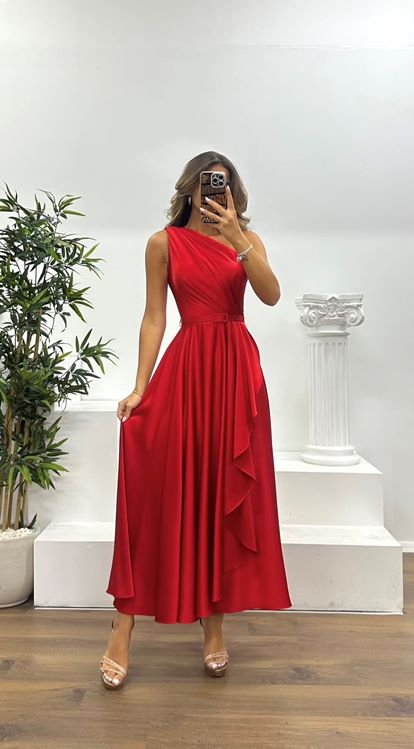 Kırmızı Tek Omuz Midi Abiye Elbise
