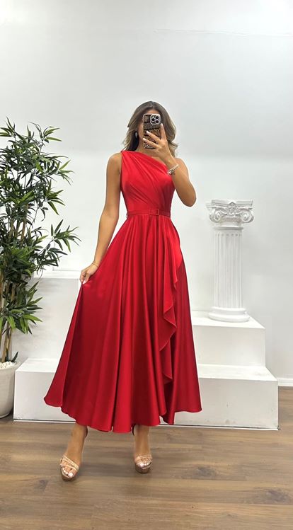 Kırmızı Tek Omuz Midi Abiye Elbise