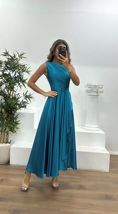 Petrol One Shoulder Midi Evening Dress