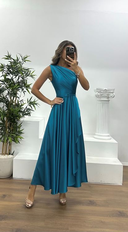 Petrol One Shoulder Midi Evening Dress
