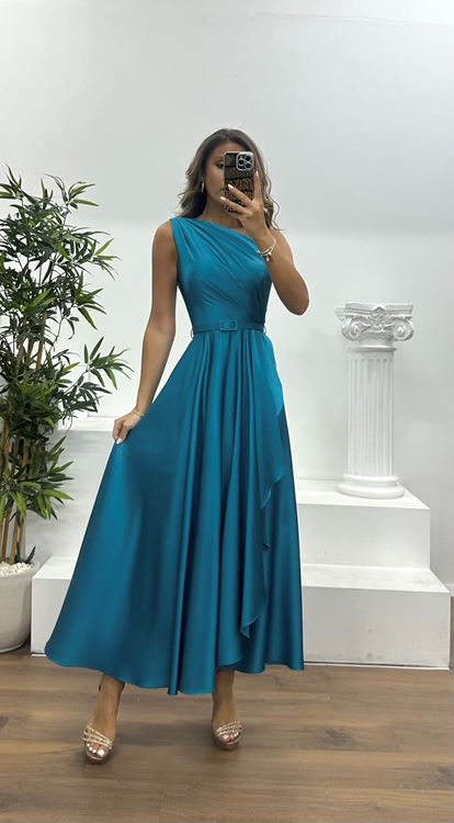 Petrol One Shoulder Midi Evening Dress