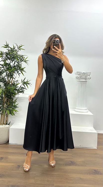 Siyah Tek Omuz Midi Abiye Elbise