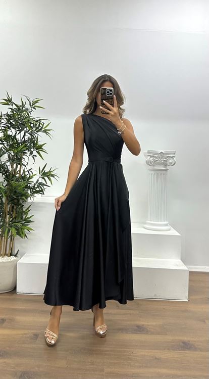 Siyah Tek Omuz Midi Abiye Elbise