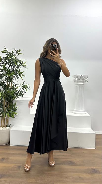 Siyah Tek Omuz Midi Abiye Elbise