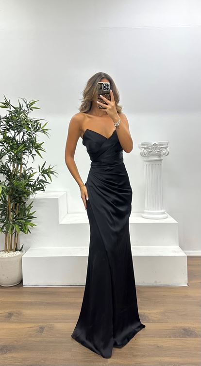 Black Strapless Draped Evening Dress