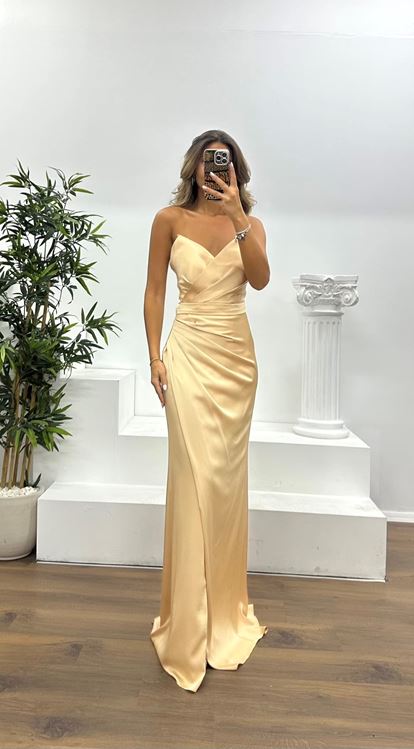 Gold Straplez Drapeli Abiye Elbise
