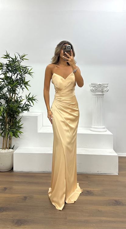 Gold Straplez Drapeli Abiye Elbise