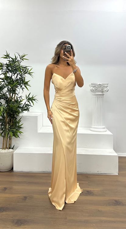 Gold Straplez Drapeli Abiye Elbise