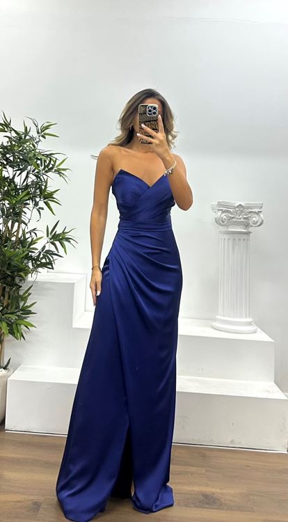 Navy Blue Strapless Draped Evening Dress