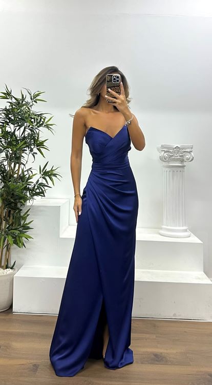 Navy Blue Strapless Draped Evening Dress
